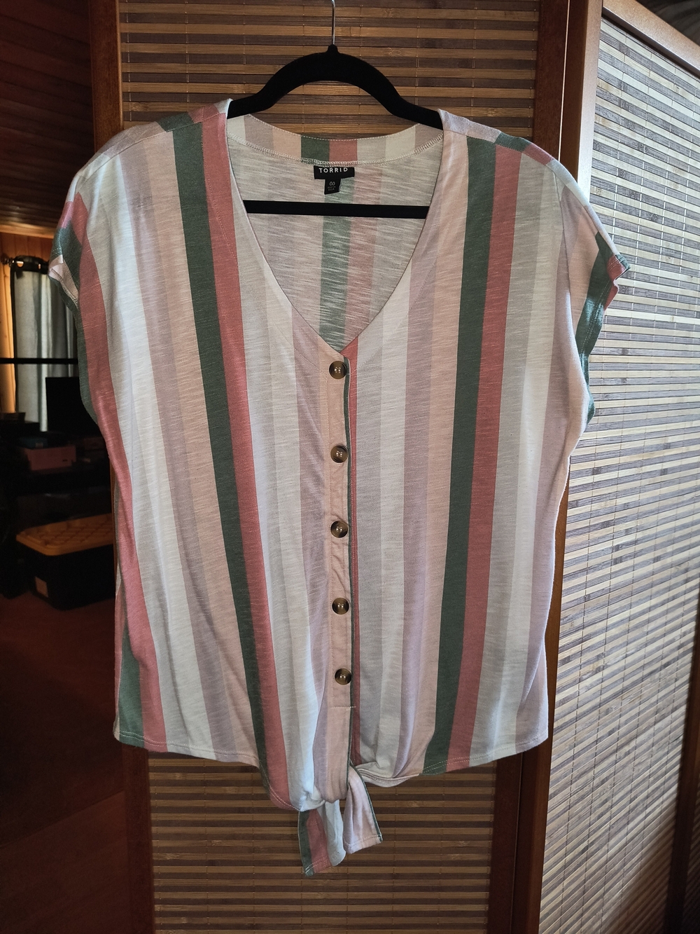 Torrid Button-Front Tie-Hem Stripe Top in Pink & Green 00